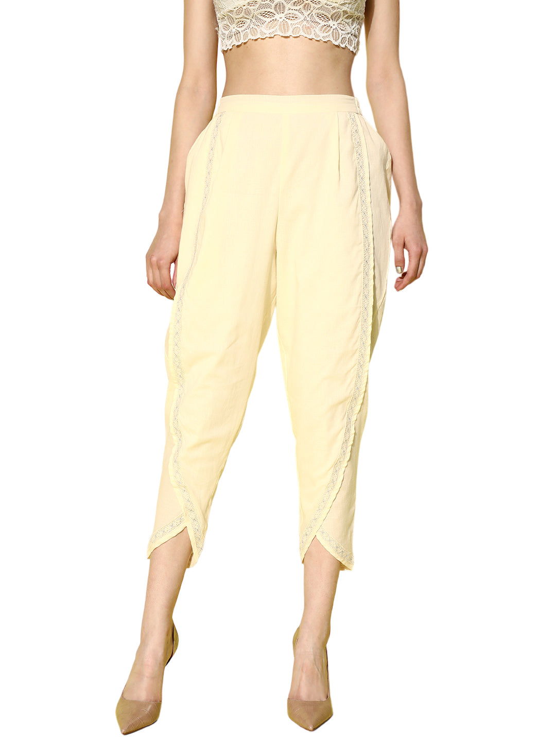 Ahalyaa Beige Floral Lace Insert Dhoti Pants