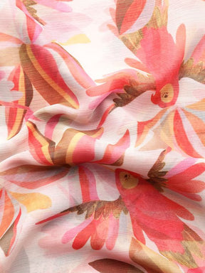 White & Red Floral Print Poly Chiffon Fabric