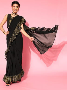 Ahalyaa Women's Black Georgette Ruffles Ready to Wear Saree