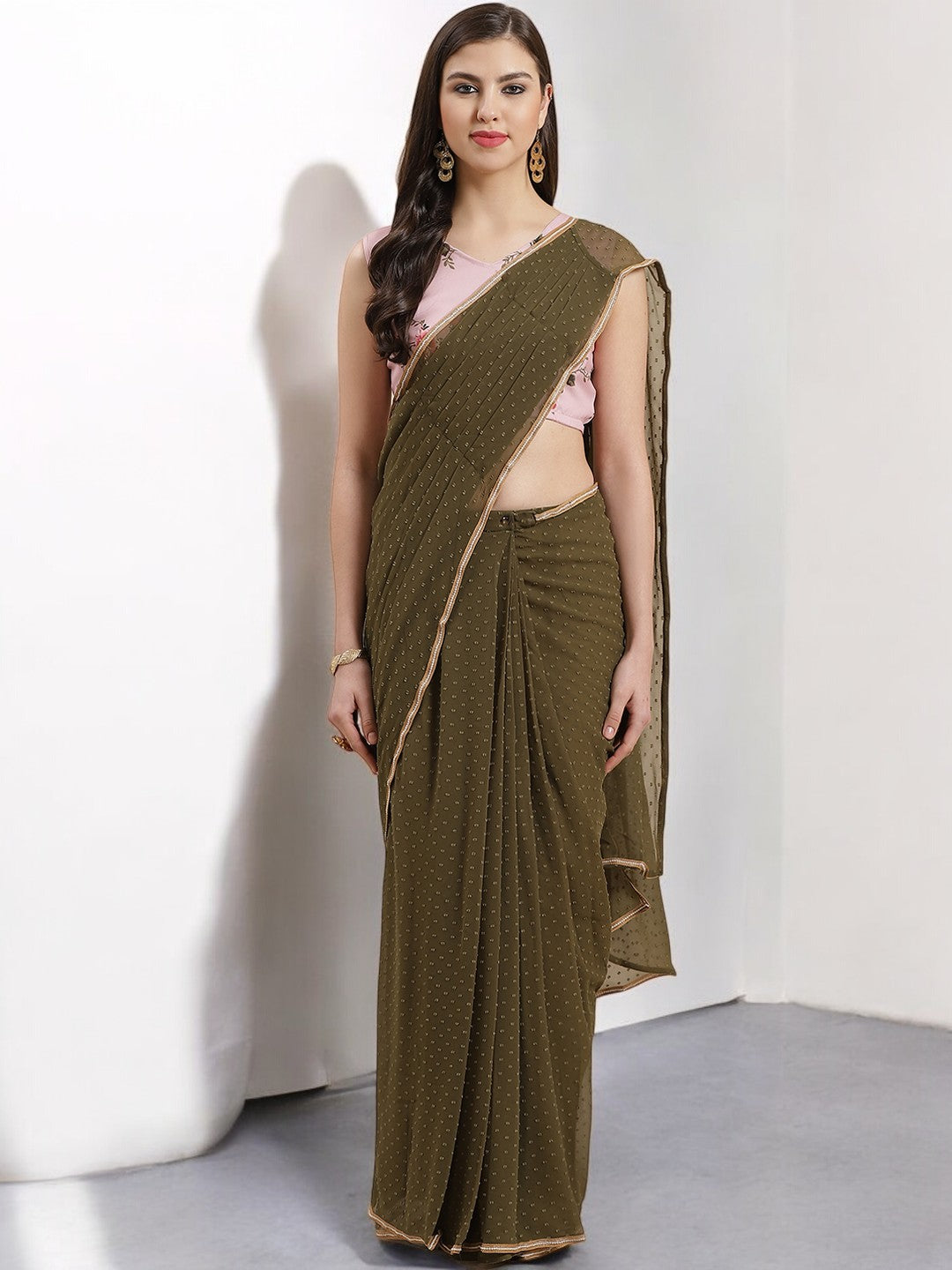 Olive Green Pleated Woven Design ready to wear Saree