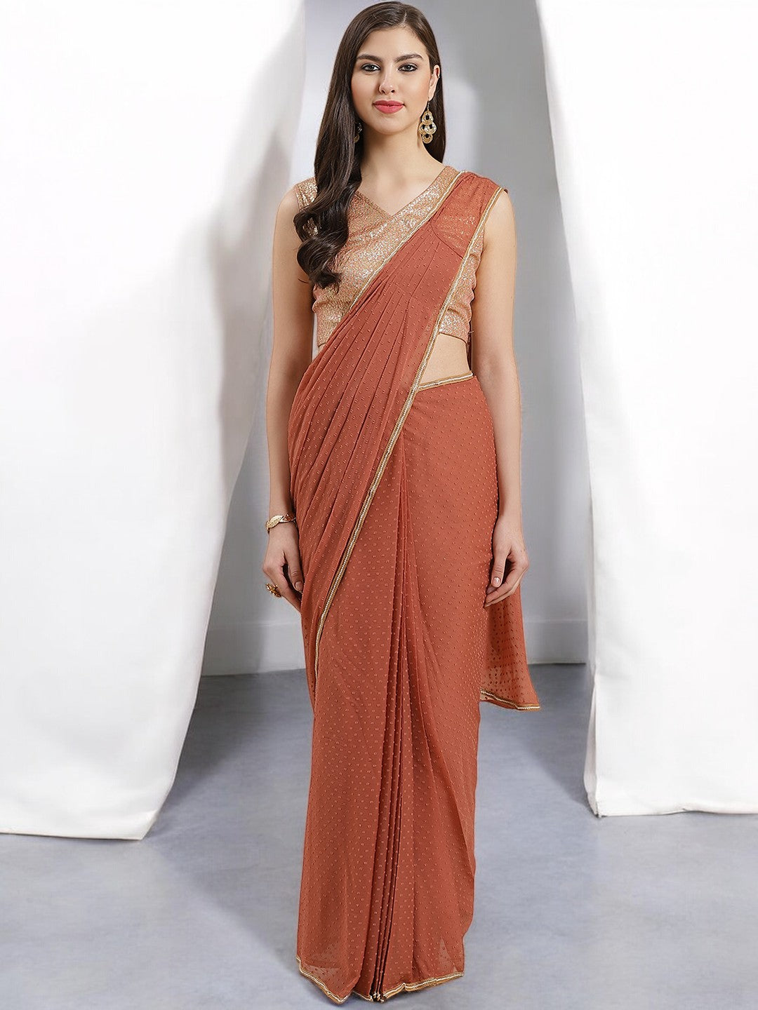 Rusty Brown Pleated Ready to Wear Saree Set (Without Blouse)