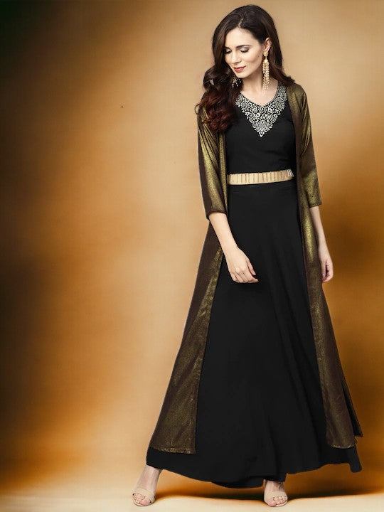 Ahalyaa Black, Golden Straight Crepe, Georgette Kurta Sets