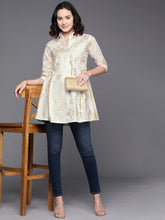 Ahalyaa Floral Printed Shirt Collar Cotton Tunic With Lace Inserts Detail