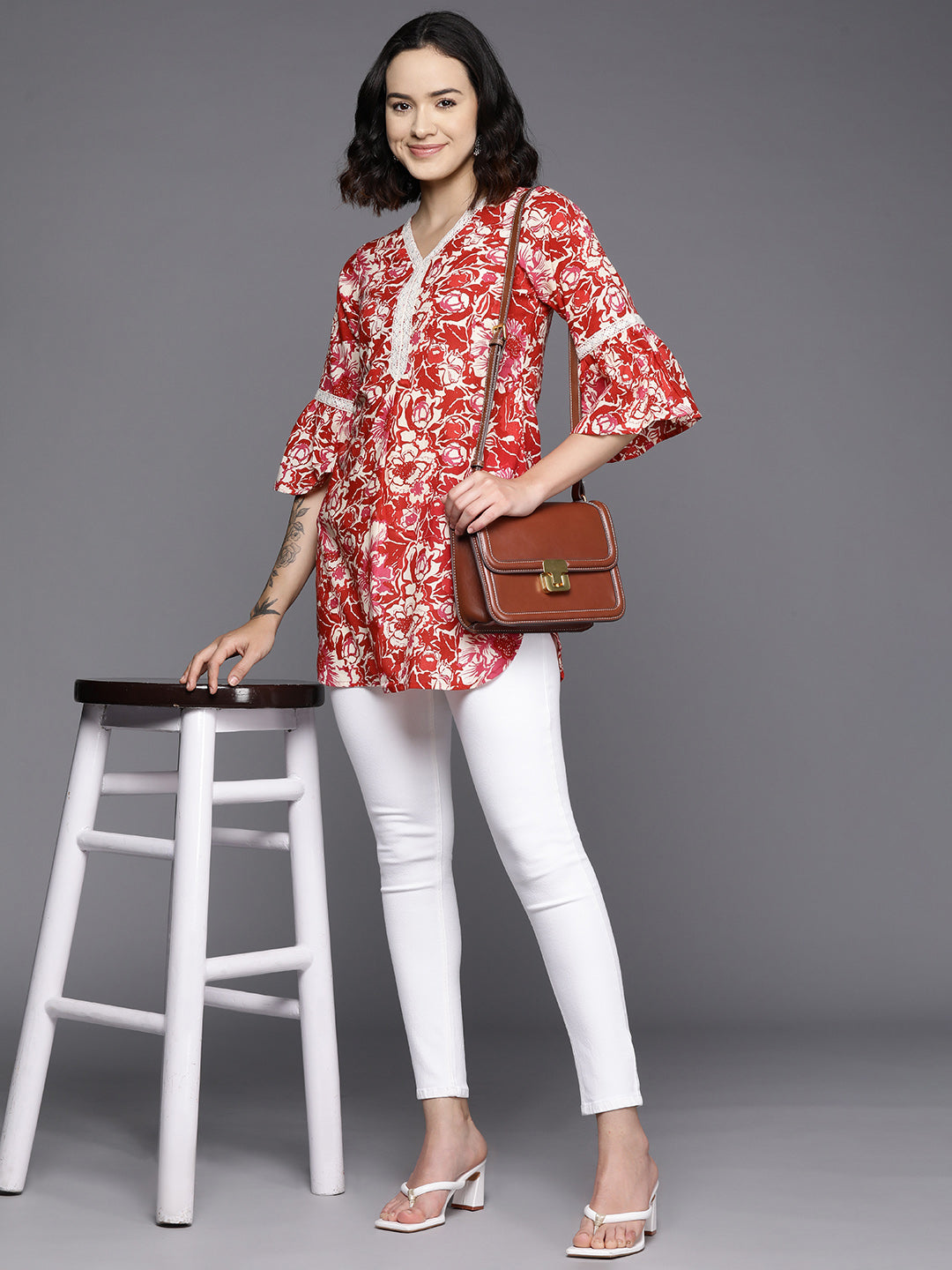 Ahalyaa Floral Printed Bell Sleeves Tunic With Lace Inserts