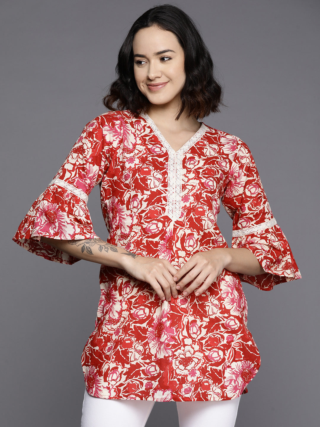 Ahalyaa Floral Printed Bell Sleeves Tunic With Lace Inserts