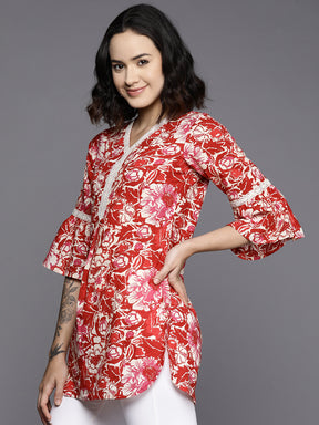 Ahalyaa Floral Printed Bell Sleeves Tunic With Lace Inserts