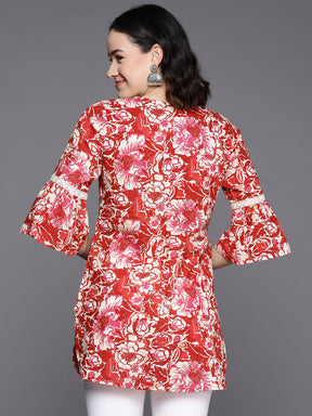 Ahalyaa Floral Printed Bell Sleeves Tunic With Lace Inserts