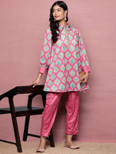 Pink & Sea Green Printed Velvet Tunic & Trousers