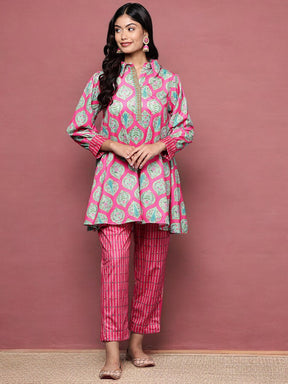 Pink & Sea Green Printed Velvet Tunic & Trousers