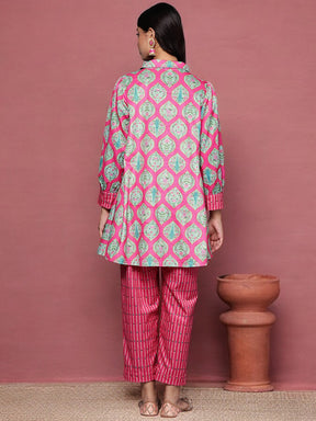 Pink & Sea Green Printed Velvet Tunic & Trousers