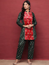 Green & Coral Printed Velvet Tunic with Trousers with Gotta Patti Detail