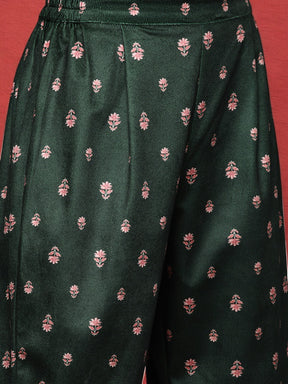 Green & Coral Printed Velvet Tunic with Trousers with Gotta Patti Detail