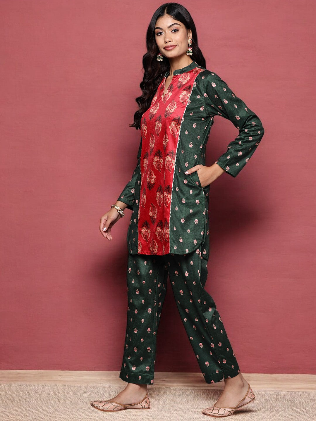 Green & Coral Printed Velvet Tunic with Trousers with Gotta Patti Detail