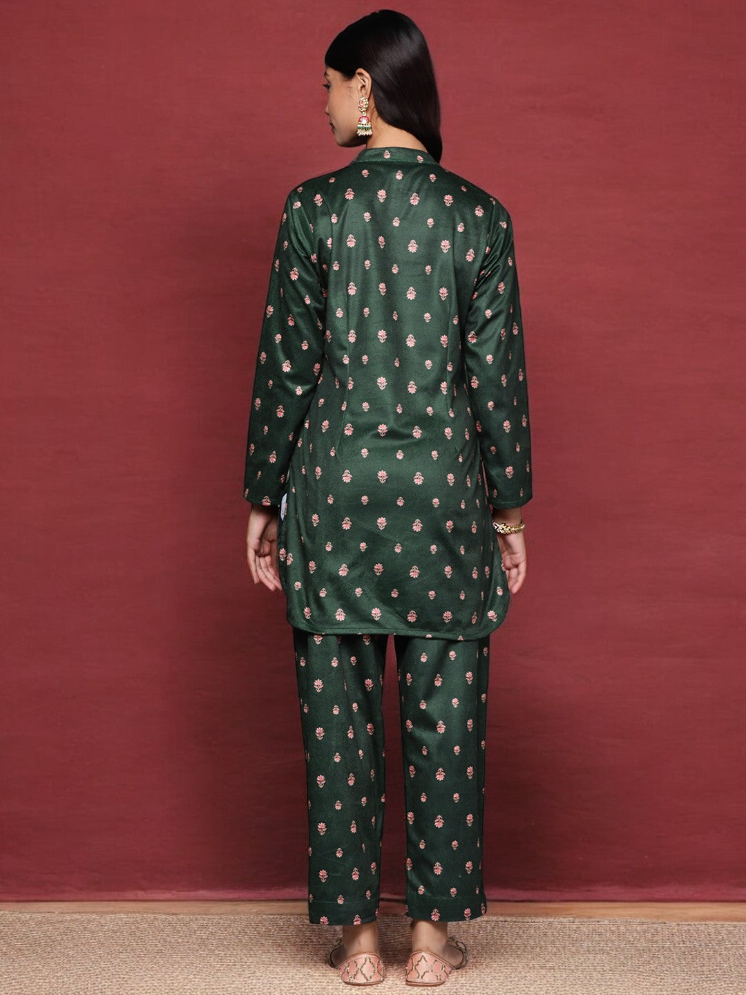 Green & Coral Printed Velvet Tunic with Trousers with Gotta Patti Detail