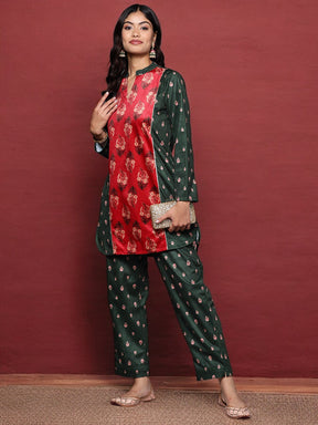 Green & Coral Printed Velvet Tunic with Trousers with Gotta Patti Detail