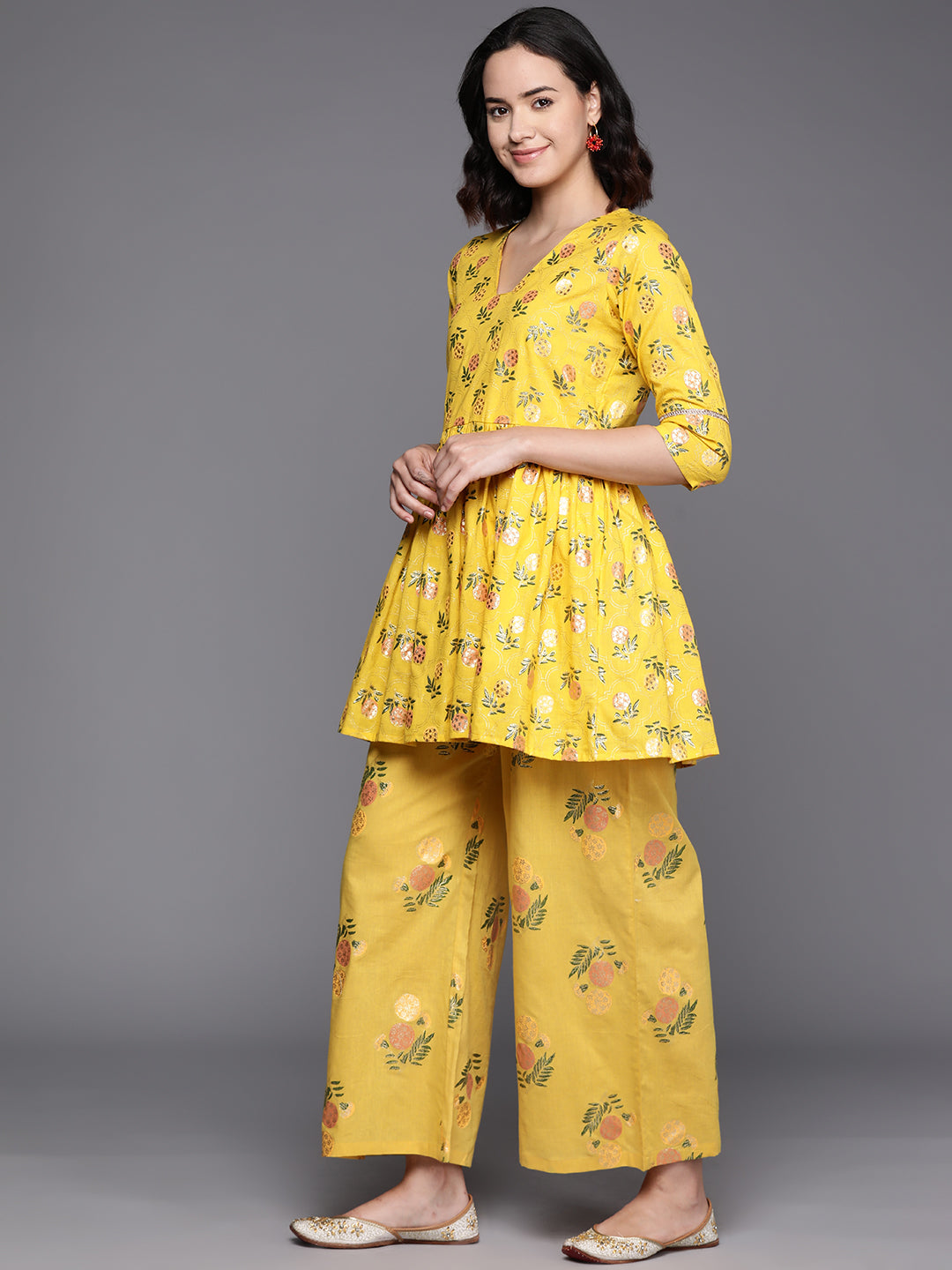 Yellow Floral Printed Pure Cotton Tunic With Palazzos