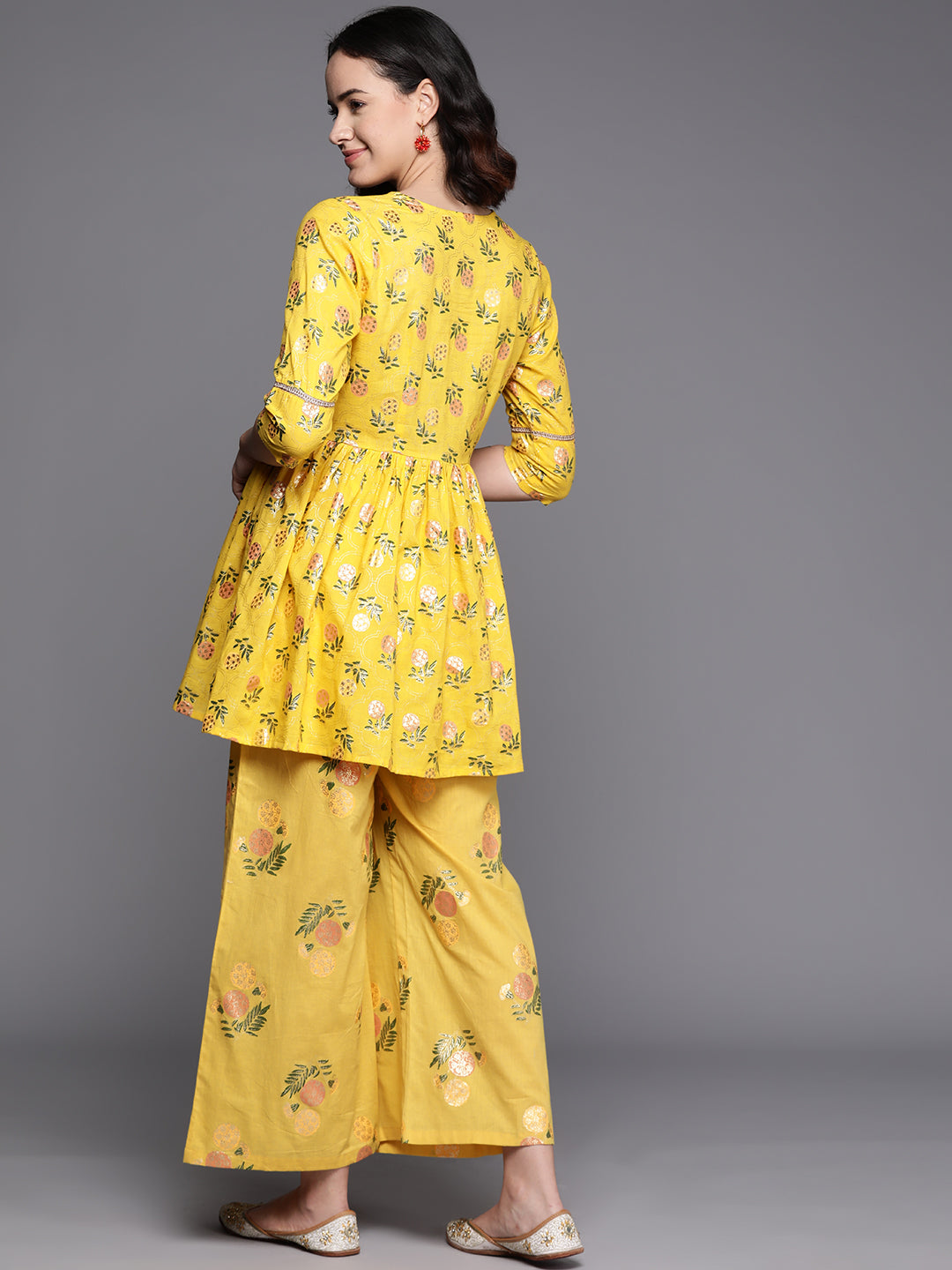 Yellow Floral Printed Pure Cotton Tunic With Palazzos