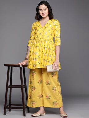 Yellow Floral Printed Pure Cotton Tunic With Palazzos