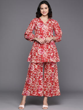 Red Printed Pure Cotton Tunic With Palazzos