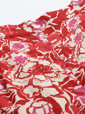 Red Printed Pure Cotton Tunic With Palazzos