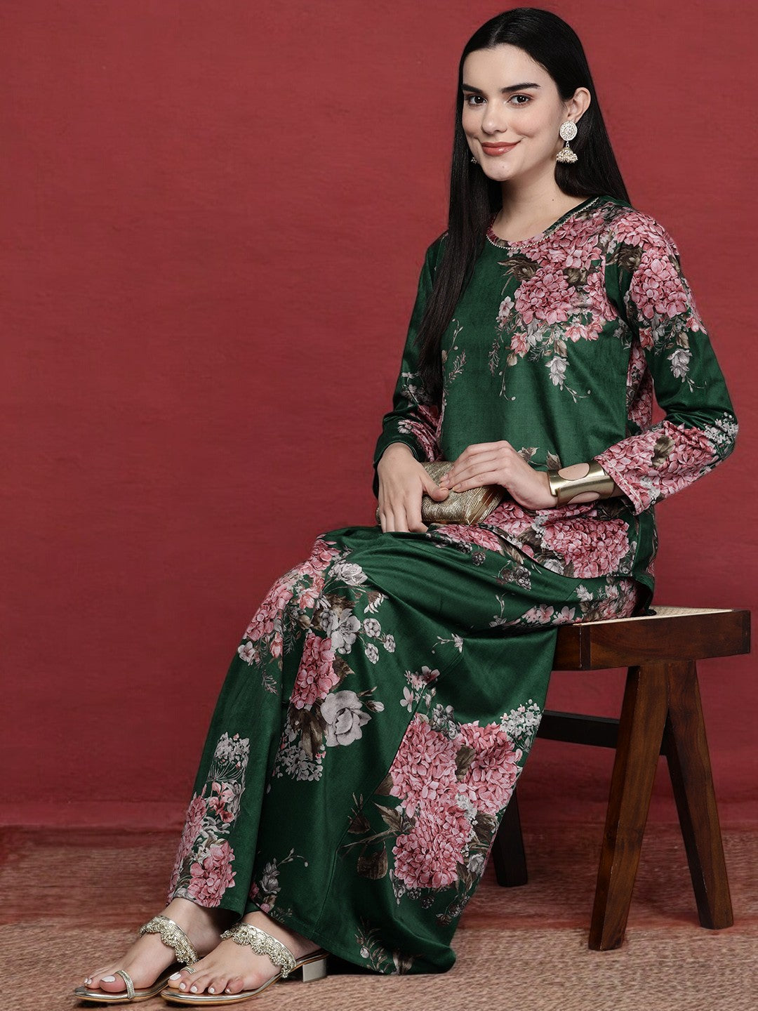 Women Floral Printed Velvet Tunic with Palazzos