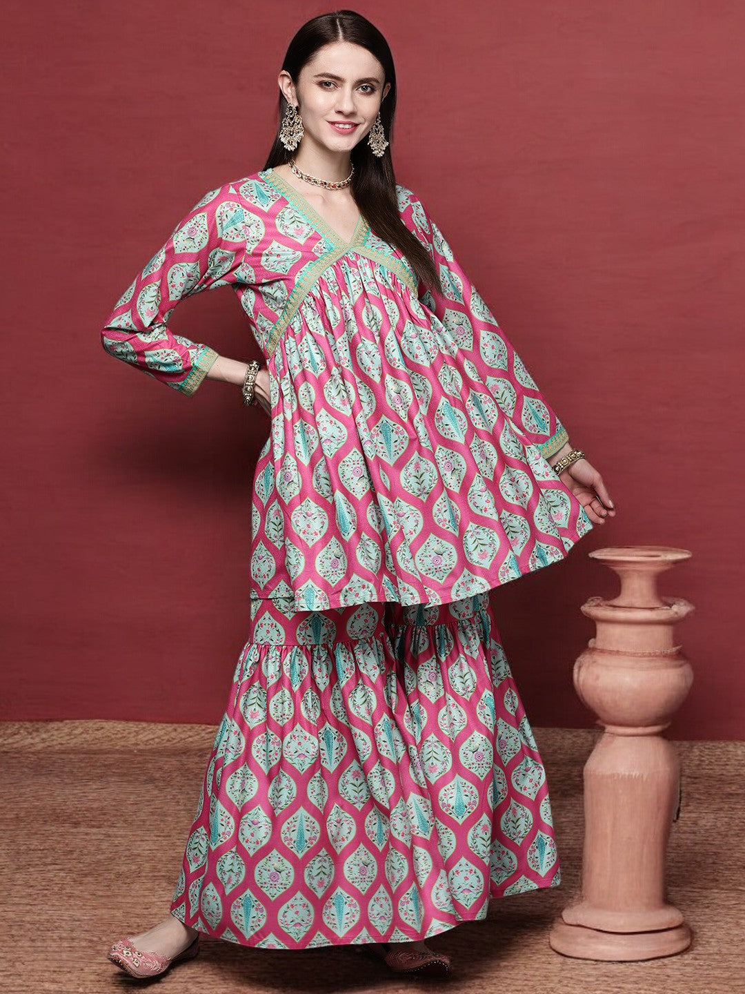 Women's Pink Velvet Sharara Set