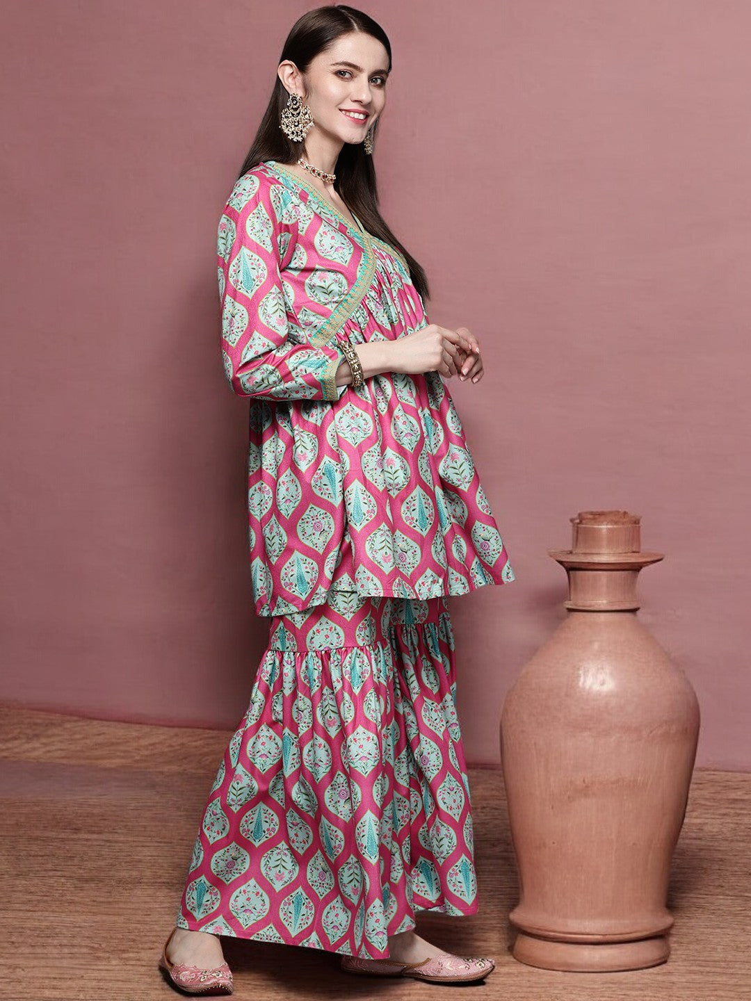 Women's Pink Velvet Sharara Set