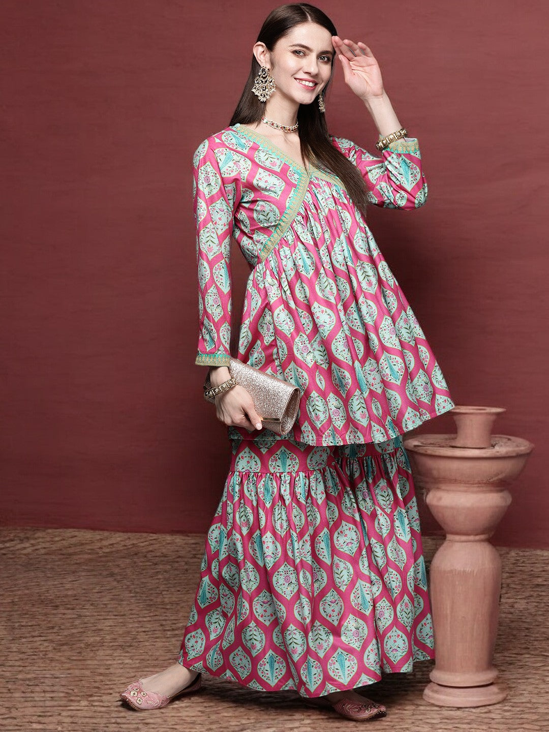 Women's Pink Velvet Sharara Set