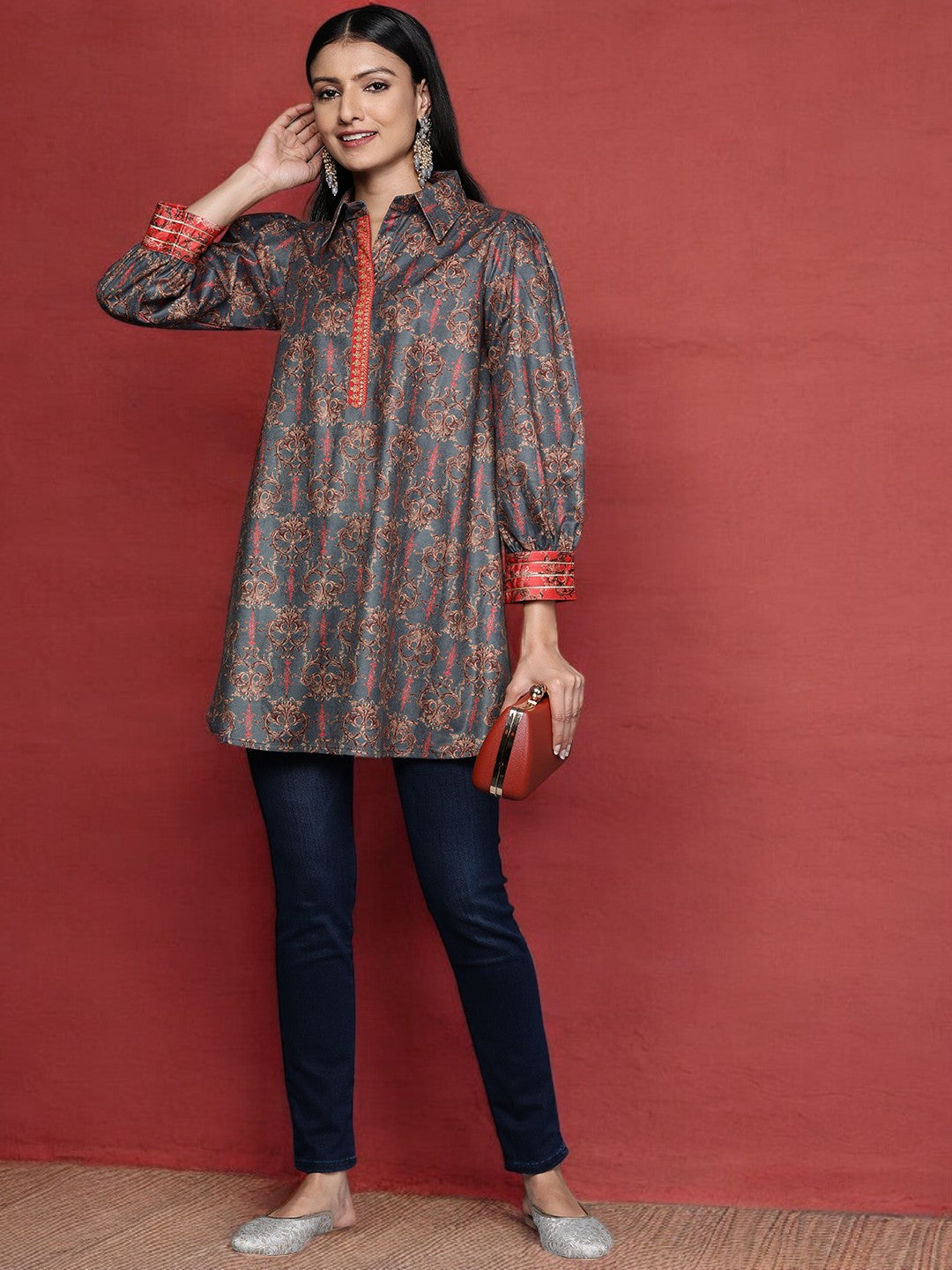 Grey Shirt Collar Velvet Digital Printed Tunic