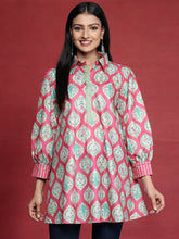 Ahalyaa Fuchsia Shirt Collar Velvet Digital Printed Tunic