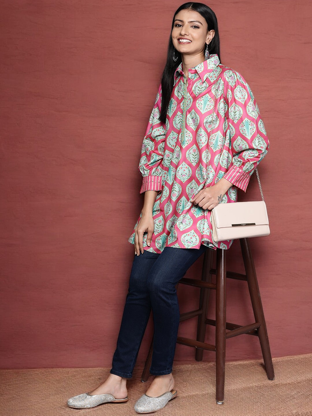 Ahalyaa Fuchsia Shirt Collar Velvet Digital Printed Tunic