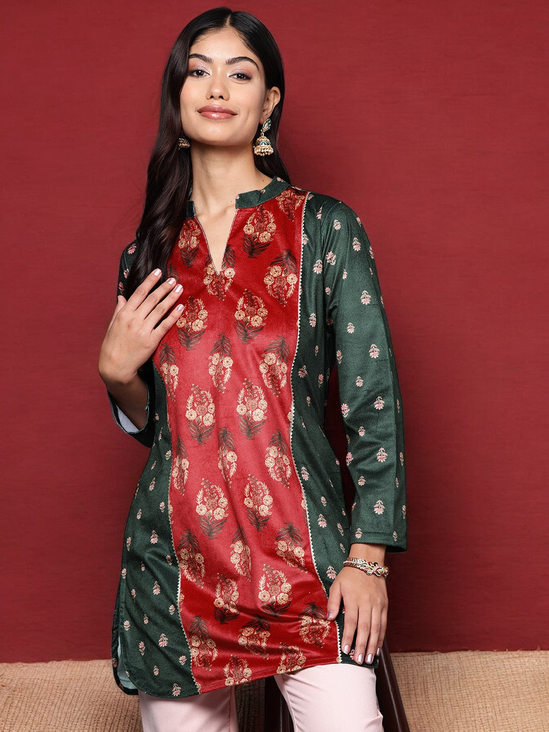 Green & Red Printed Velvet Tunic