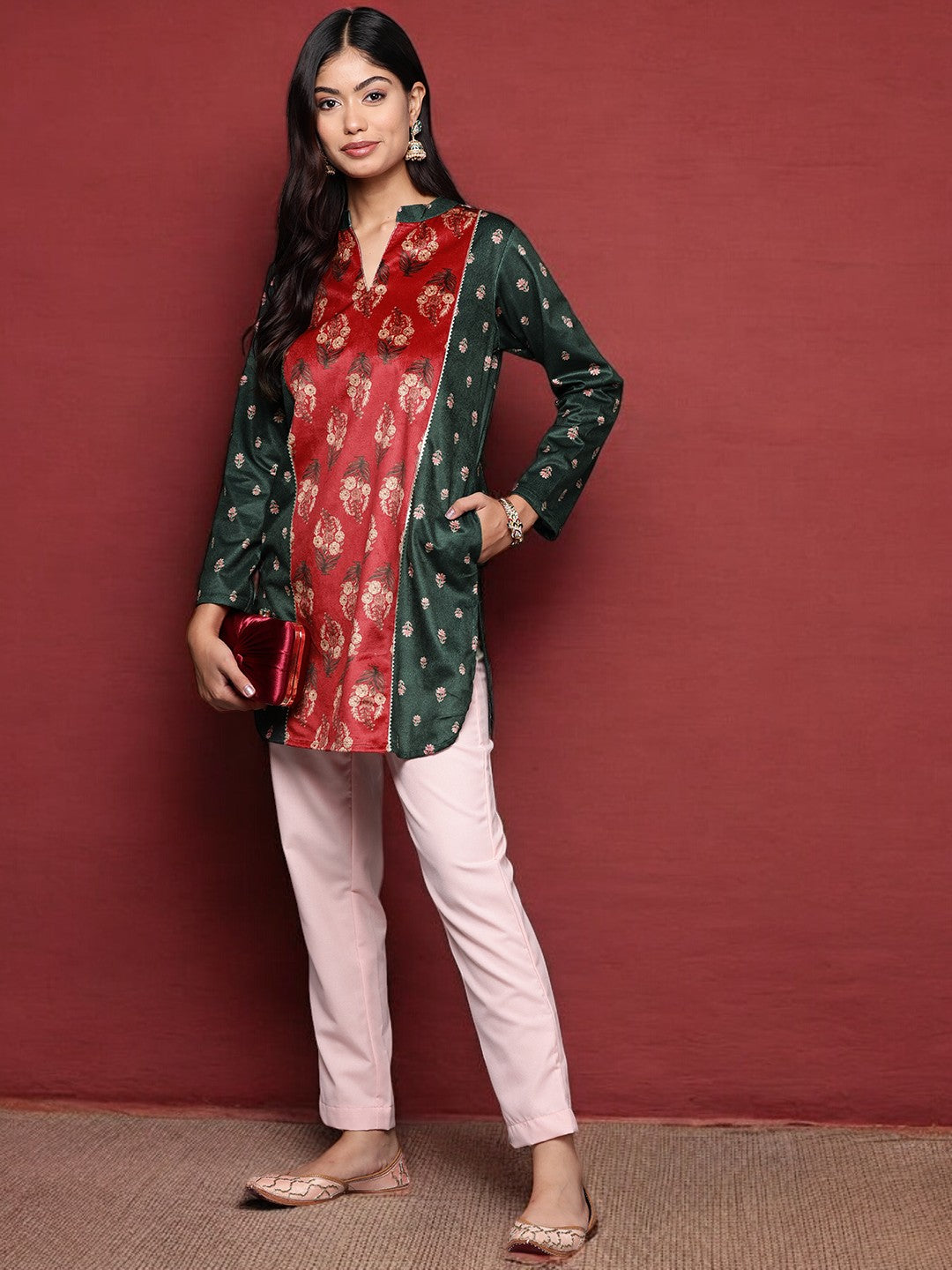 Green & Red Printed Velvet Tunic