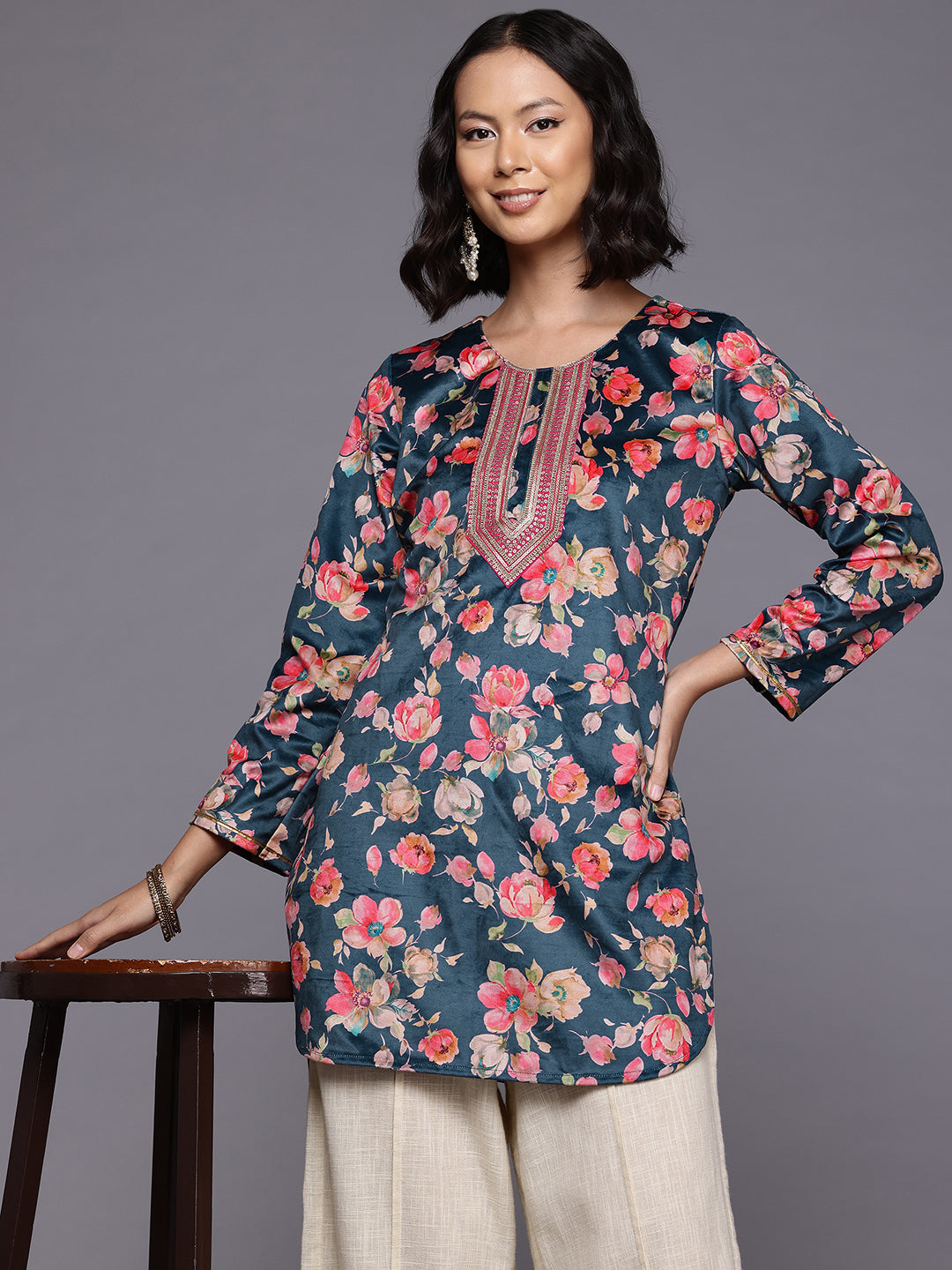 Floral Printed Velvet Tunic