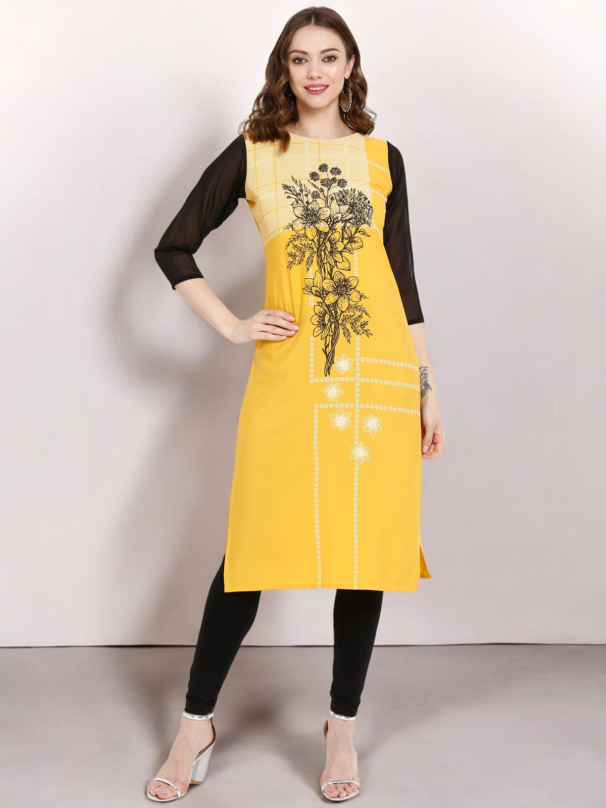 Yellow Floral Printed Straight Kurta