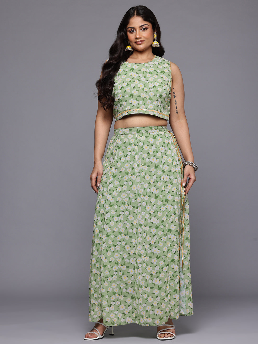 A PLUS BY AHALYAA Plus Size Floral Printed Top with Skirt and Attached Pant Co-Ord Set