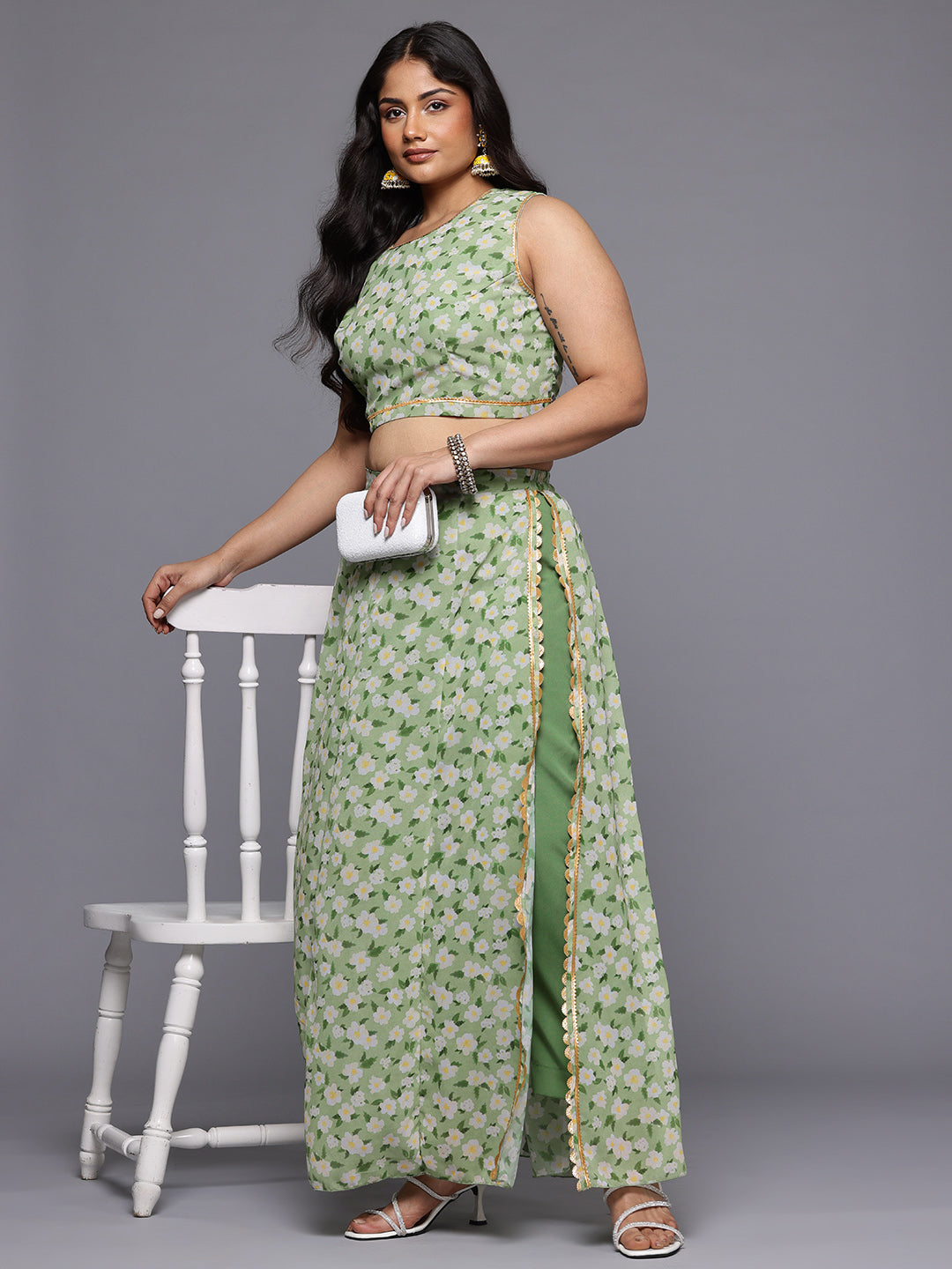 A PLUS BY AHALYAA Plus Size Floral Printed Top with Skirt and Attached Pant Co-Ord Set