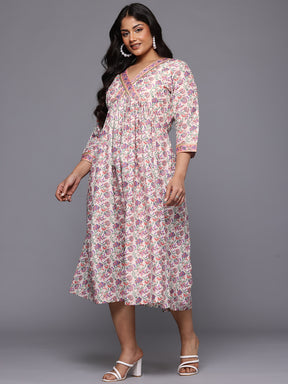 A PLUS BY AHALYAA Plus Size Floral Printed Sequinned Chanderi Midi Empire Ethnic Dress