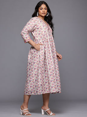 A PLUS BY AHALYAA Plus Size Floral Printed Sequinned Chanderi Midi Empire Ethnic Dress