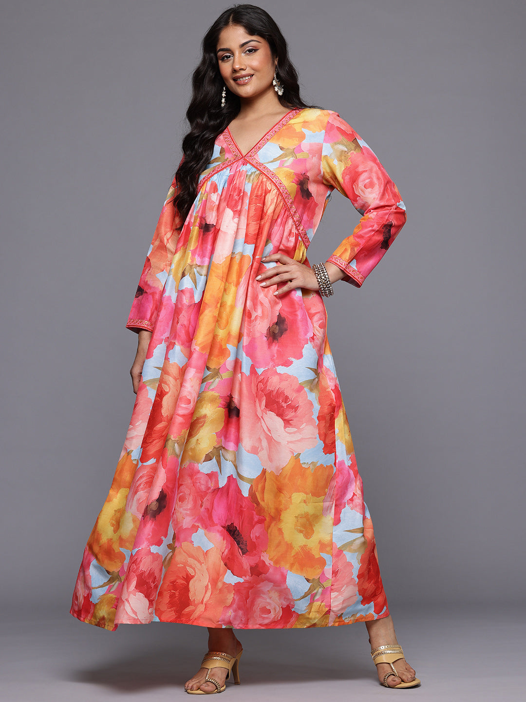 A PLUS BY AHALYAA Plus Size Floral Printed Maxi Empire Ethnic Dress