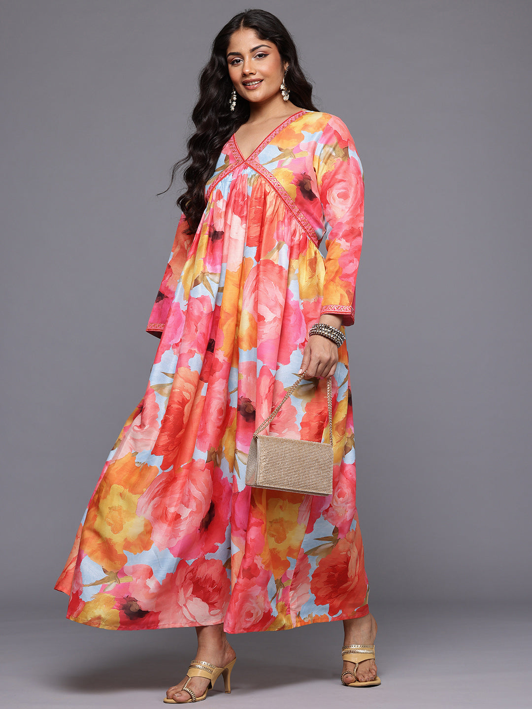 A PLUS BY AHALYAA Plus Size Floral Printed Maxi Empire Ethnic Dress