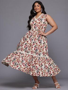 A PLUS BY AHALYAA Plus Size Floral Printed Pure Cotton Midi Fit & Flare Ethnic Dress