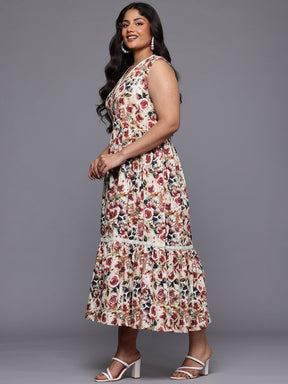 A PLUS BY AHALYAA Plus Size Floral Printed Pure Cotton Midi Fit & Flare Ethnic Dress