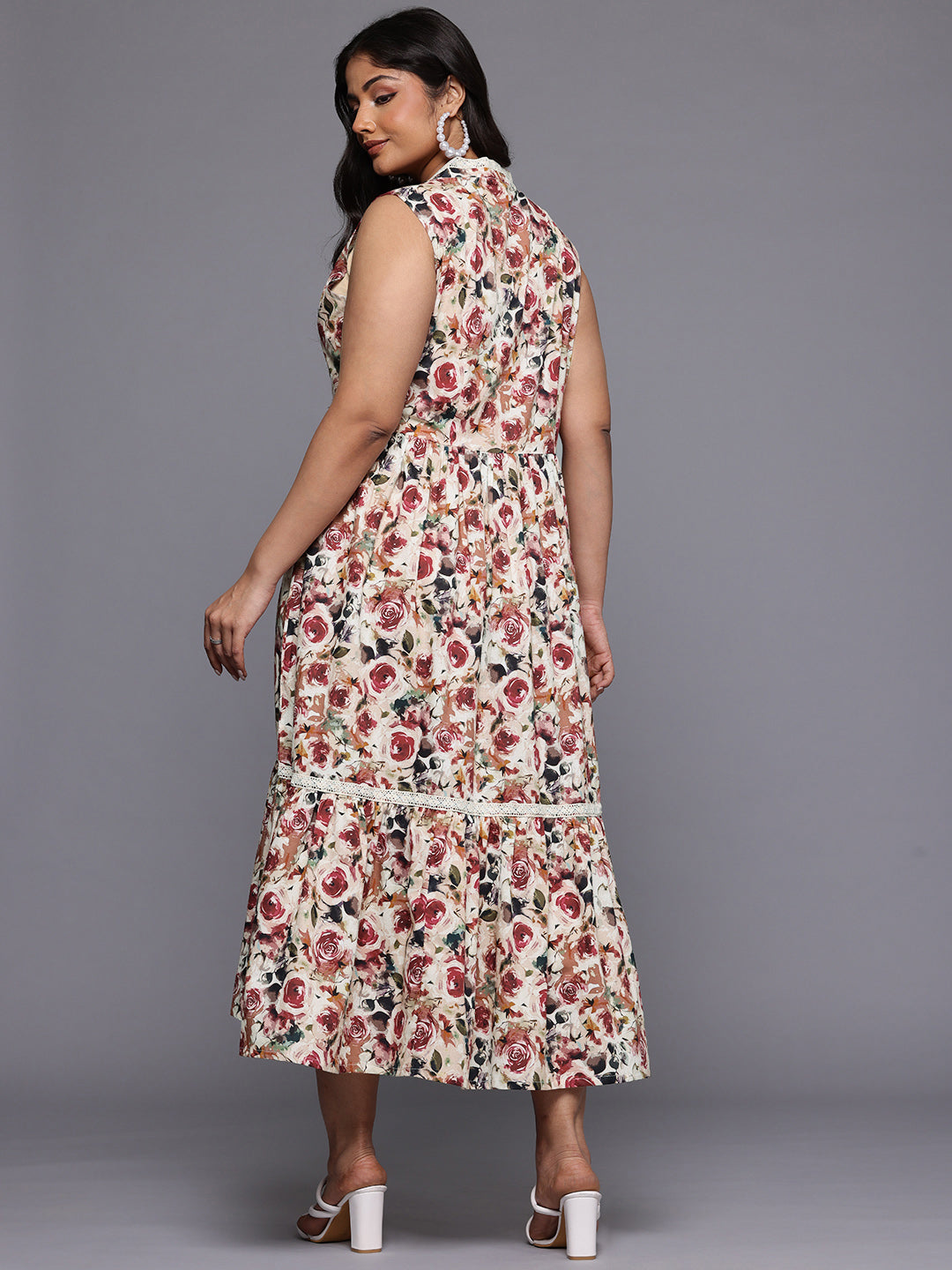 A PLUS BY AHALYAA Plus Size Floral Printed Pure Cotton Midi Fit & Flare Ethnic Dress