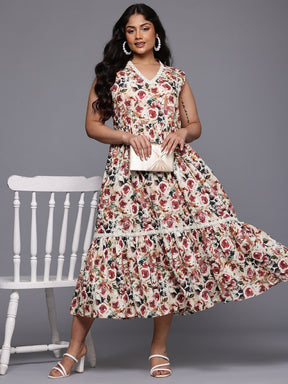 A PLUS BY AHALYAA Plus Size Floral Printed Pure Cotton Midi Fit & Flare Ethnic Dress