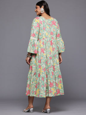 A PLUS BY AHALYAA Plus Size Floral Printed Bell Sleeves Pure Cotton A-Line Midi Dress