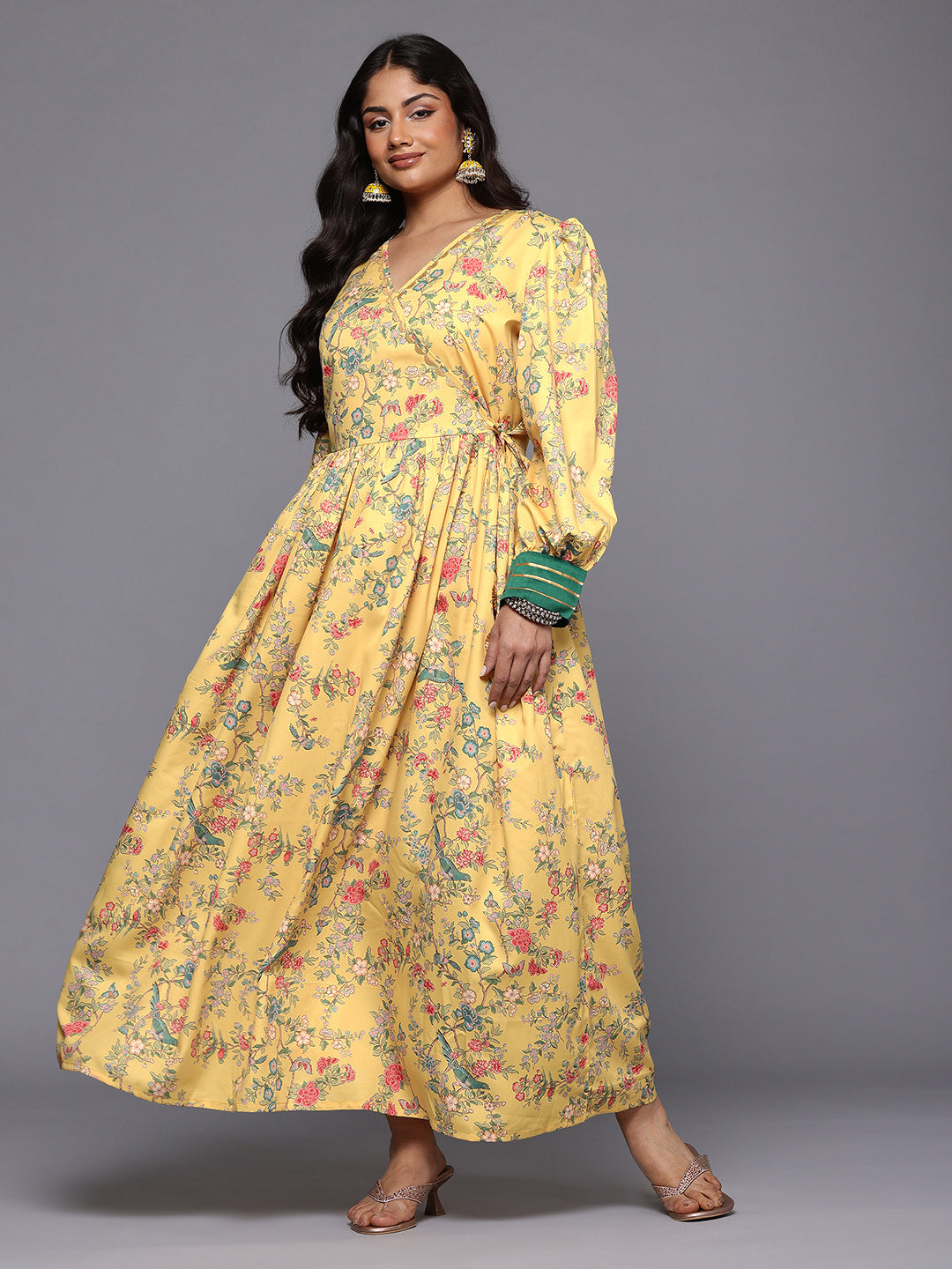 A PLUS BY AHALYAA Plus Size Floral Printed Crepe Wrap Maxi Ethnic Dress