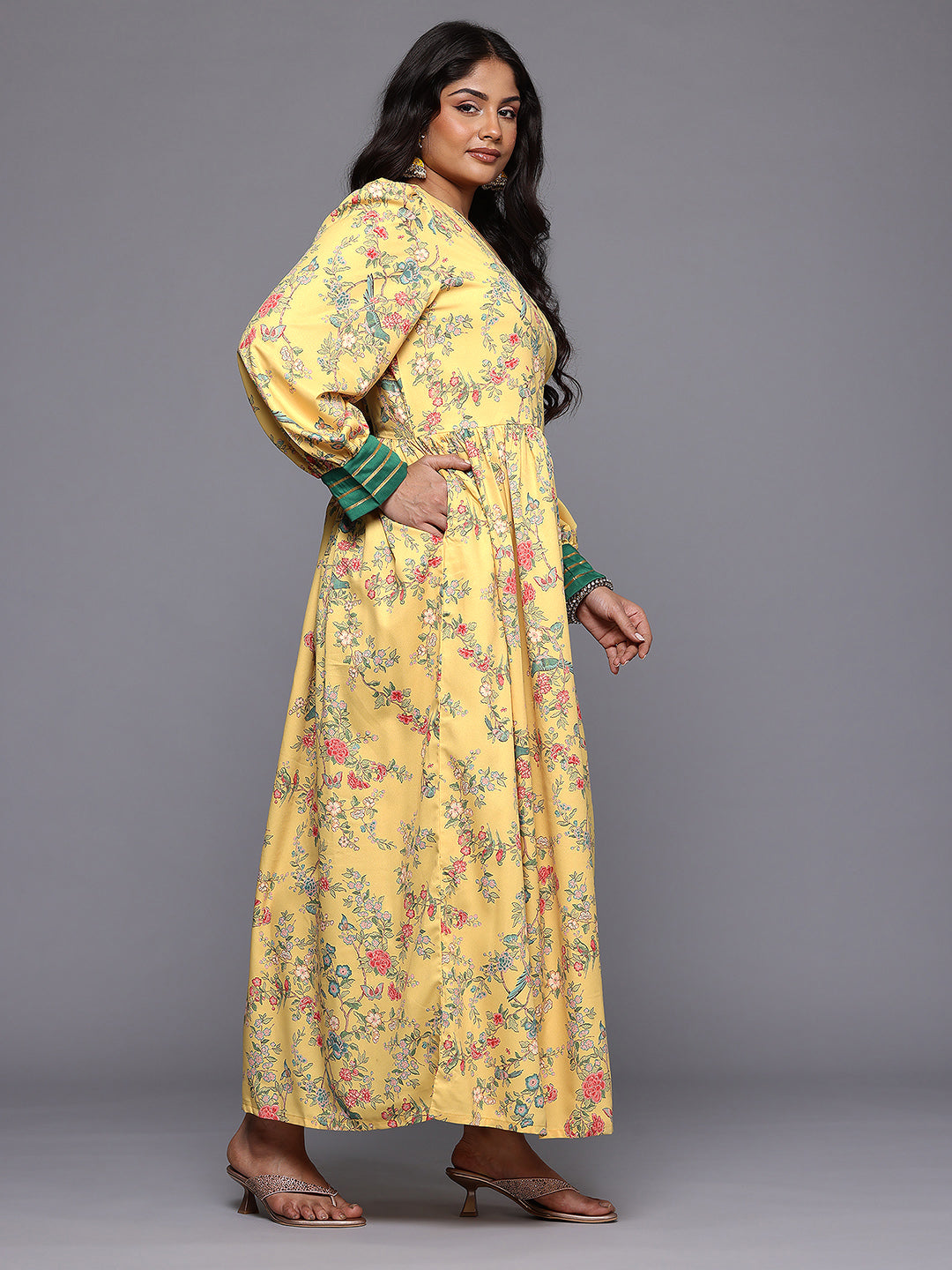 A PLUS BY AHALYAA Plus Size Floral Printed Crepe Wrap Maxi Ethnic Dress