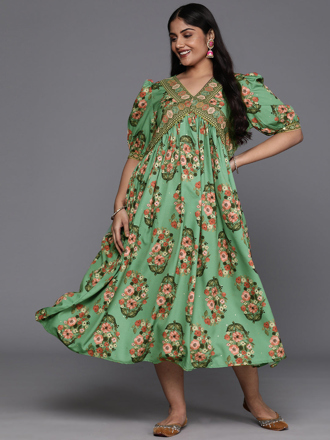 Plus Size Floral Print Puff Sleeves Sequinned Midi Empire Ethnic Dress