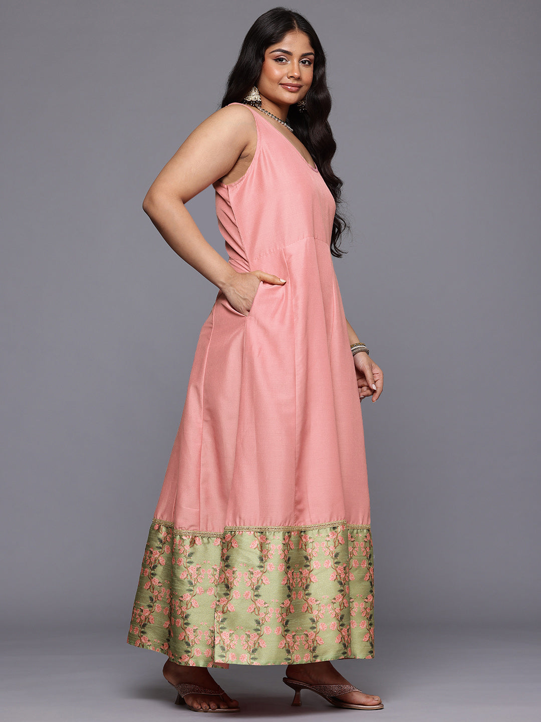 A PLUS BY AHALYAA Plus Size Floral Printed Maxi Ethnic Gown with Dupatta